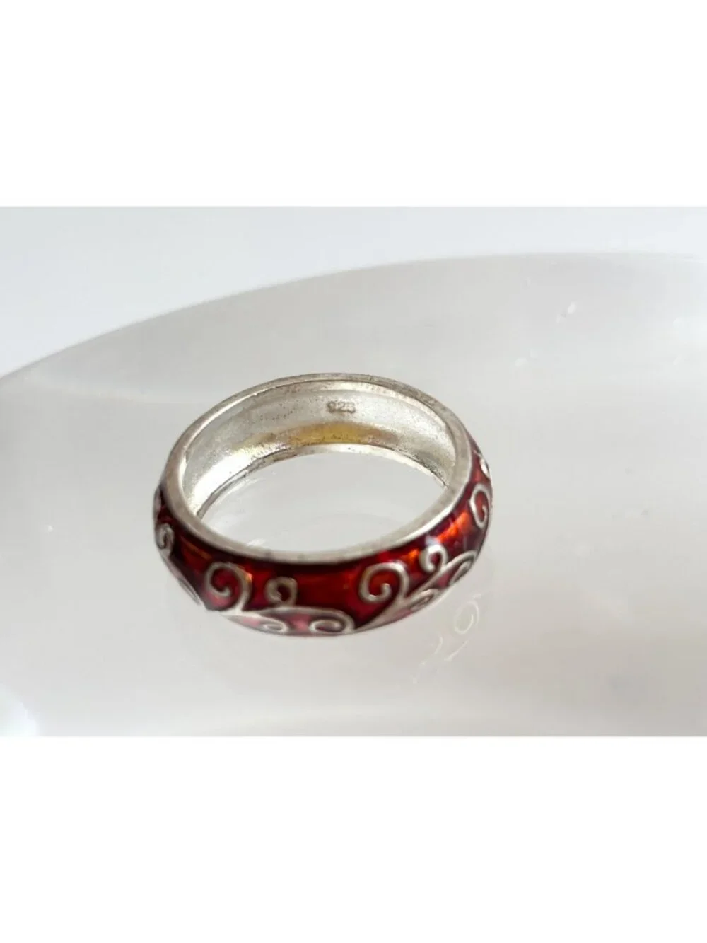 Orange Enamel Art Nouveau Inspired Sterling Silver 925 Vintage Ring - sz 9.75